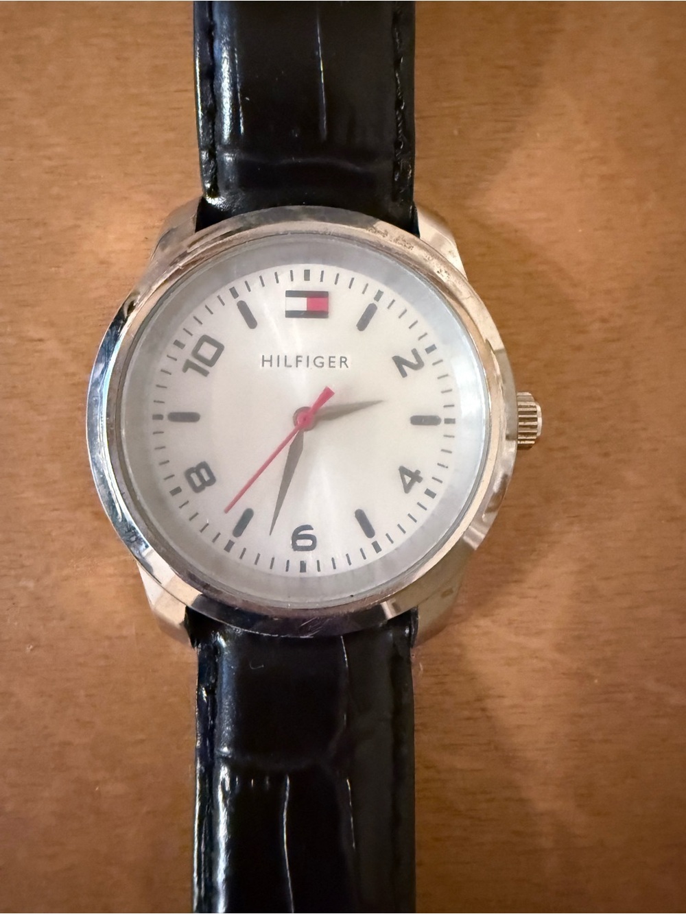 Tommy Hilfiger Black Leather Strap Silver Case Watch with White Dial